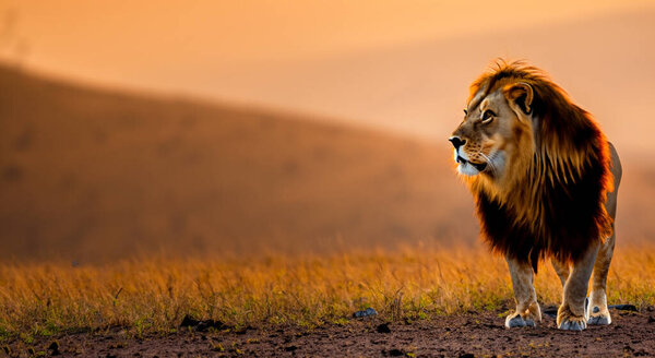 Majestic and beautiful adult lion standing looking east in africa