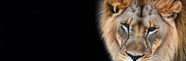 Majestatyczny Piękny Lew Król Dżungli Czarnym Tle Baner Stylu — Zdjęcie stockowe
