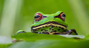 Gündüzleri Amazon 'un ortasında yaprağın üstünde güzel bir kurbağa