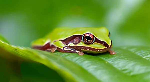Piękna Żaba Wysokiej Rozdzielczości Małym Liściu Amazonii Nieostrym Tłem — Zdjęcie stockowe