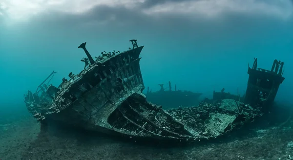 Deniz Yüzeyinin Altında Yüksek Çözünürlüklü Ile Batmış Inanılmaz Bir Gemi — Stok fotoğraf
