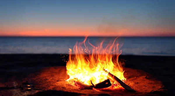 美丽的篝火在美丽的海滩中央 夕阳西下 分辨率高 照明效果好 — 图库照片