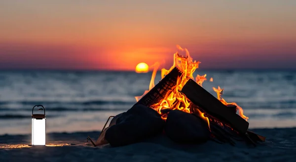 Beautiful Campfire Middle Beautiful Beach Beautiful Sunset High Resolution Good — Stock Photo, Image