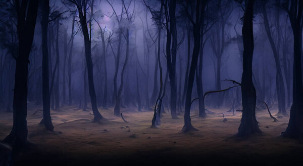 Spooky forest at night with darkness AND tall TREES