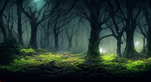 Espeluznante Bosque Nocturno Con Oscuridad Medio Nada Oscuro Alta Resolución — Foto de Stock