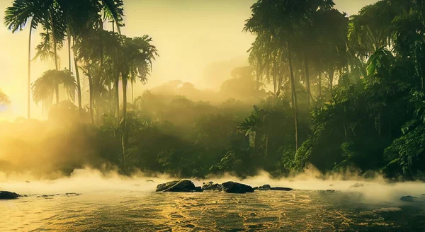 Schöner Amazonas Fluss Mit Nebel Einem Schönen Sonnenaufgang — Stockfoto