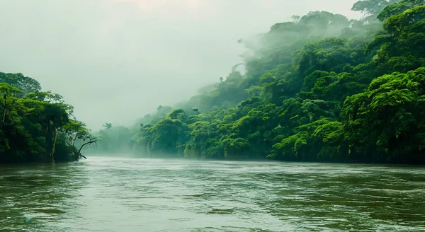 Majestuoso Río Verde Amazona Con Niebla Hermoso Amanecer Por Zona — Foto de Stock