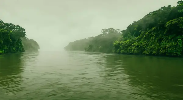 Majestätischen Grünen Fluss Des Amazonas Mit Nebel Einem Schönen Sonnenaufgang — Stockfoto