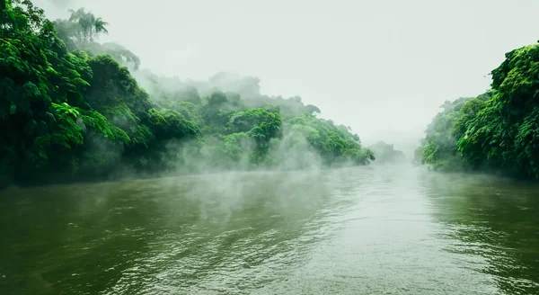 Удивительная Река Амазон Туманом Лесами — стоковое фото