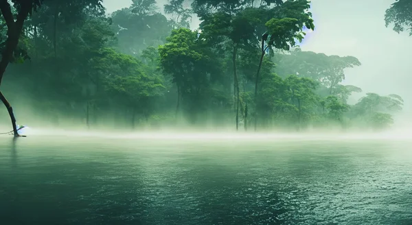 amazing amazon river with mist in a sunrise