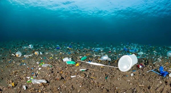 Dno Morskie Zanieczyszczone Ludzkimi Odpadami Dobrym Oświetleniu Wysokiej Rozdzielczości — Zdjęcie stockowe