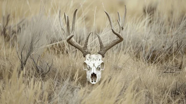 skull of an animal with horns in a wheat meadow