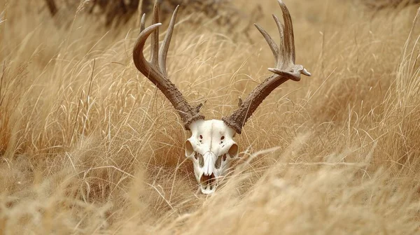 skull of an animal with horns in a wheat meadow during the day with good lighting in high resolution