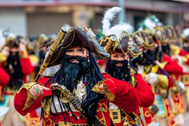 Badajoz, Spain, sunday. February 19 2023. Parade through the streets of Badajoz, group called umsuka imbali