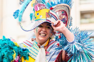 Badajoz, Spain, sunday. February 19 2023. Parade through the streets of Badajoz, group called moracantana
