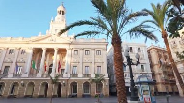 İspanya, Endülüs 'te palmiye ağaçlarıyla çevrili Cadiz Katedrali cephesi