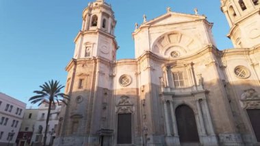 İspanya, Endülüs 'te palmiye ağaçlarıyla çevrili Cadiz Katedrali cephesi