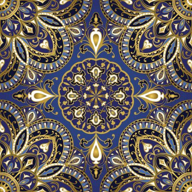 Mandalalı kusursuz Kızılderili deseni. Altın bir çevresi olan vektör mavisi bir arka plan. Kumaş, halı, halı, duvar kağıdı şablonu