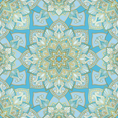 Mandalalarla kusursuz desen. Altın çizgili vektör mavisi arkaplan. Tekstil, halı, halı, duvar kağıdı şablonu