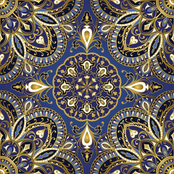 Seamless Indian Pattern Mandalas Vector Blue Background Golden Contour Template — Stock Vector