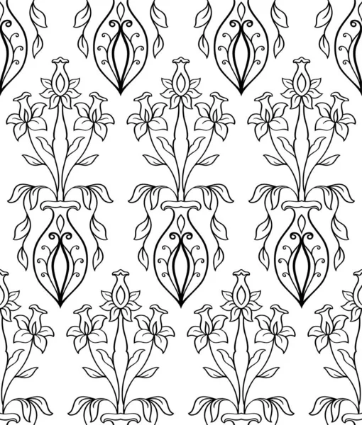 Бесшовный Черно Белый Векторный Орнамент Шаблон Стилизованными Вазами Цветами Простой — стоковый вектор