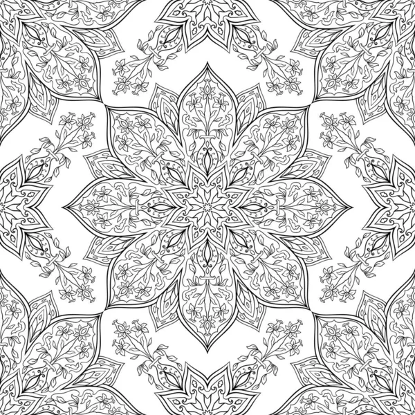 Nahtloser Vektorhintergrund Blumenmuster Mit Mandalas Orientalisches Schwarz Weißes Ornament Vorlage — Stockvektor