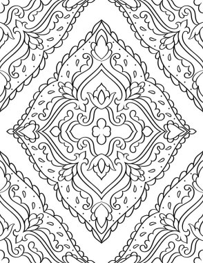 Vektörsüz damaske deseni. Siyah beyaz arka plan. Modaya uygun elementlerle ortaçağ süsü. Duvar kağıdı, tekstil, ambalaj kağıdı, halı için bir şablon.