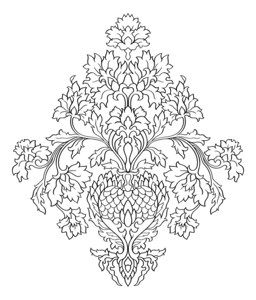 Damasco Tradicional Floral Elemento Design Contorno Vetorial Fundo Branco Medalhão — Vetor de Stock