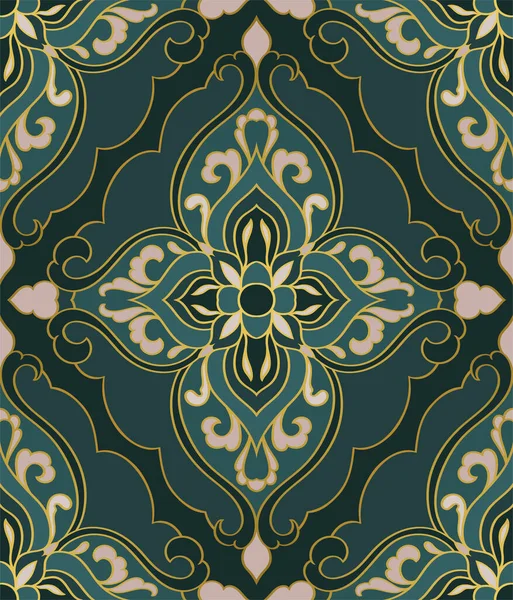 Seamless Damask Pattern Green Oriental Ornament Background Wallpaper Textile Carpet — Stock Vector