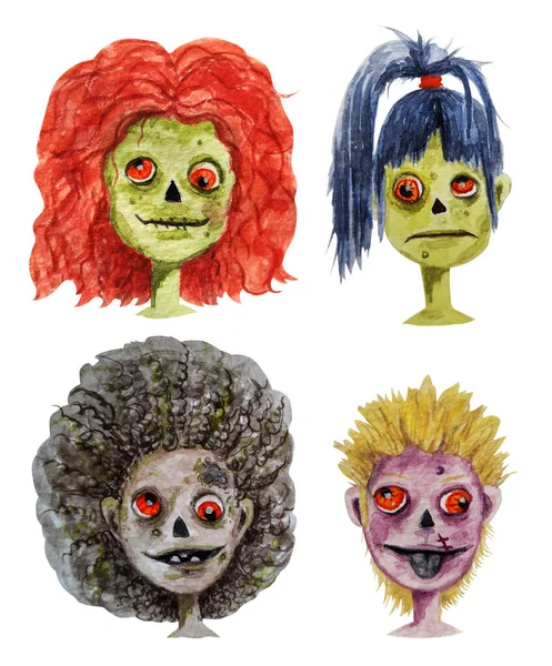 Halloween set of different characters of zombies. Watercolor illustrations isolated on a white background. Hand drawn funny cartoon monster girls. Is perfect for printing on a t-shirt, mug, postcard, invitation.