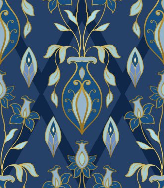 Kusursuz mavi vektör süsü. Şekillendirilmiş vazolar ve çiçeklerle desen. Halı, duvar kağıdı ve tekstil için geleneksel şablon.