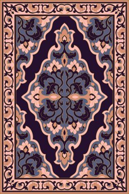 Oriental vektör halı tasarımı. Çerçeveli çiçek moru ve bej desenli. Tekstil ve duvar halısı için süs şablonu.