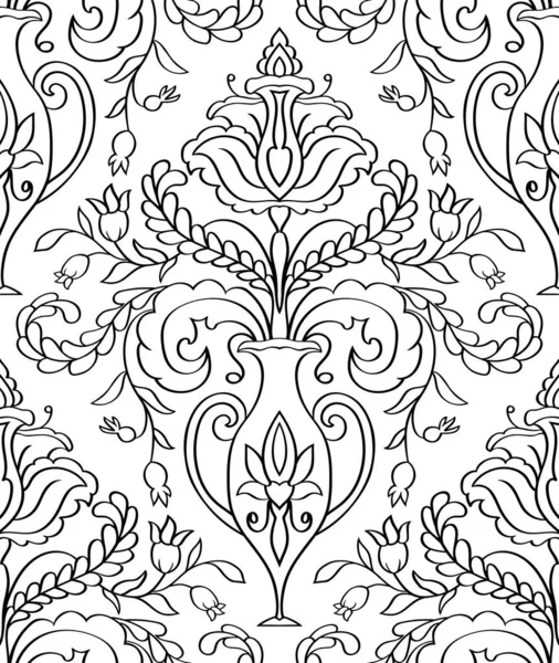 Seamless Black White Vector Ornament Oriental Pattern Stylized Vases Flowers — Stock Vector
