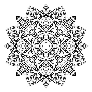 Soyut vektör mandala. Doğulu etnik süs. Hint tarzı tasarım öğesi. Siyah beyaz çizim. Boyama kitabı sayfası.