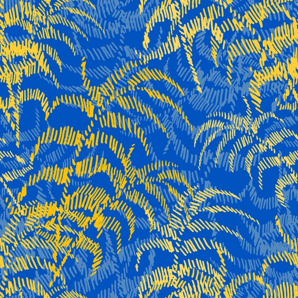 Тропічний Абстрактний Векторний Фон Синьо Жовтий Візерунок Джунглів Пальмовим Листям — стоковий вектор