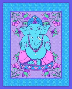 Lord Ganesha ile mavi kartpostal. Neon renkli Hint posteri. Duvarda asılı halı için tasarım.