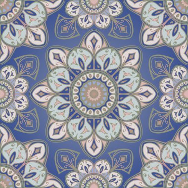 Mandalalı kusursuz Kızılderili deseni. Konturlu vektör mavi arka plan. Tekstil, kumaş, halı, halı, vinil, duvar kağıdı şablonu.