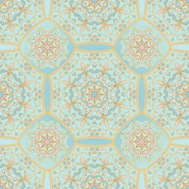 Mandalalarla kusursuz desen. Altın çizgili vektör mavisi arkaplan. Tekstil, halı, halı, duvar kağıdı şablonu.