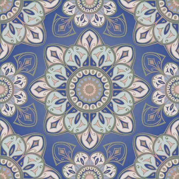 Mandalalı kusursuz Kızılderili deseni. Konturlu vektör mavi arka plan. Tekstil, kumaş, halı, halı, vinil, duvar kağıdı şablonu.