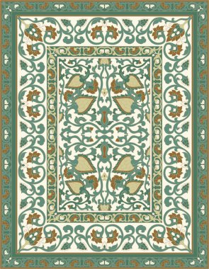 Oriental vektör halı tasarımı. Çerçeveli yeşil ve bej desenli. Tekstil ve duvar halısı için süs şablonu.