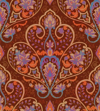 Süslü çiçekli kahverengi desenli. Geleneksel oryantal çiçek geçmişi. Duvar kağıdı, tekstil, şal, halı ve herhangi bir yüzey için tasarım.