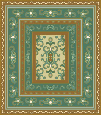 Oriental vektör halı tasarımı. Çerçeveli soyut vintage desen. Tekstil, halı, duvar halısı için dekoratif arka plan.