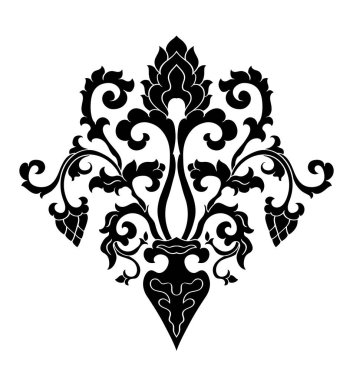 Vazoda stilize çiçek buketi. Çiçekli siyah tasarım elementi. Halı, duvar kağıdı, tekstil ve herhangi bir yüzey için klasik şablon.