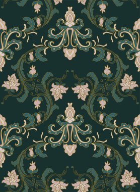 Süslü çiçekli klasik desen. Yeşil çiçekli kumaş süsü. Duvar kağıdı, tekstil, halı ve herhangi bir yüzey için kusursuz arkaplan.