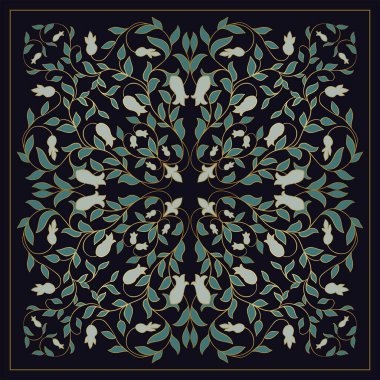 Koyu renk boyun atkısı ve stilize çiçekler. Bir atkı, halı, mendil, bandana ve halı için vektör tasarımı. Altın hudut. Çiçek deseni..