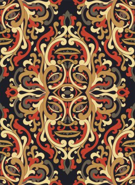 Şekillendirilmiş maskeli vektör damaske deseni. Yüzleri olan mistik soyut tasarım. Duvar kağıdı, tekstil, halı için kusursuz şablon. 