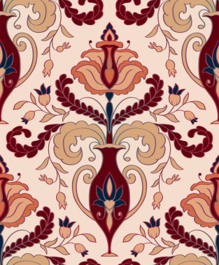 Kusursuz damaske süsü. Vazoda stilize çiçek buketi olan vektör deseni. Duvar kağıdı, tekstil, halı için geleneksel şablon. 