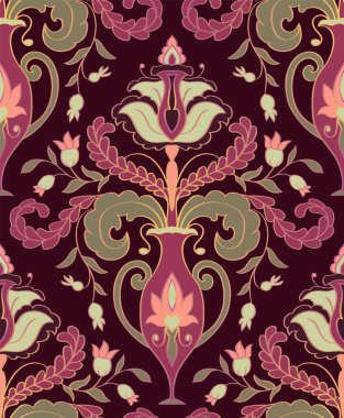 Kusursuz damaske süsü. Vazoda stilize edilmiş buket ile vektör deseni. Duvar kağıdı, tekstil ve halı için geleneksel çiçek şablonu. 