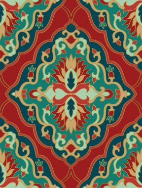 Kusursuz geleneksel şablon. Klasik soyut damaske süsü. Duvar kağıdı, tekstil, halı ve herhangi bir yüzey için kırmızı ve yeşil arkaplan. 