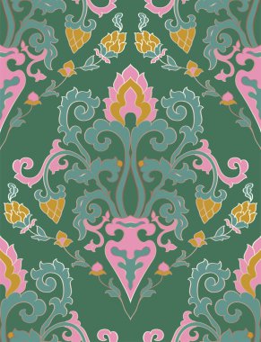 Süslü çiçekli klasik yeşil ve pembe desenli. Geleneksel çiçekli kumaş süsü. Duvar kağıdı, tekstil, halı ve herhangi bir yüzey için kusursuz arkaplan. 